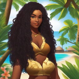 Create a female character who is a native of Polynesia, with dark skin, long black curly hair that falls below the waist, and chocolate brown eyes