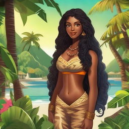 Create a female character who is a native of Polynesia, with dark skin, long black curly hair that falls below the waist, and chocolate brown eyes