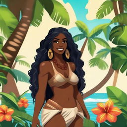 Create a female character who is a native of Polynesia, with dark skin, long black curly hair that falls below the waist, and chocolate brown eyes