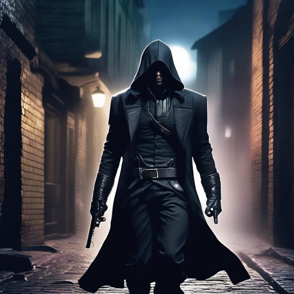 A stealthy assassin dressed in dark, sleek clothing, lurking in the shadows of a dimly lit alleyway