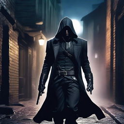 A stealthy assassin dressed in dark, sleek clothing, lurking in the shadows of a dimly lit alleyway