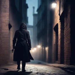 A stealthy assassin dressed in dark, sleek clothing, lurking in the shadows of a dimly lit alleyway