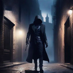 A stealthy assassin dressed in dark, sleek clothing, lurking in the shadows of a dimly lit alleyway