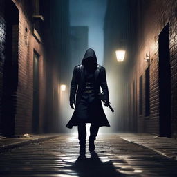 A stealthy assassin dressed in dark, sleek clothing, lurking in the shadows of a dimly lit alleyway