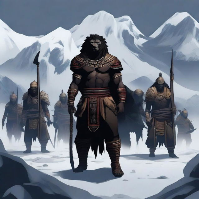 A group of African warriors standing in the snowy mountains, with darkness looming over the scene