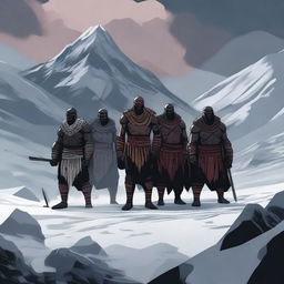 A group of African warriors standing in the snowy mountains, with darkness looming over the scene