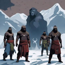 A group of African warriors standing in the snowy mountains, with darkness looming over the scene