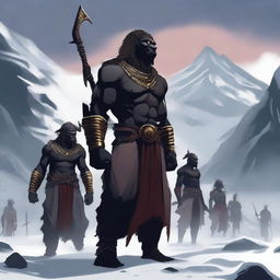 A group of African warriors standing in the snowy mountains, with darkness looming over the scene