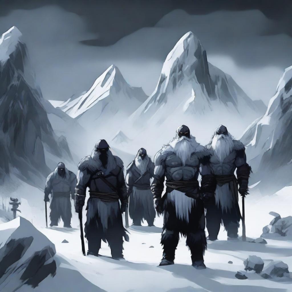 A group of warriors stands in the snowy mountains, with darkness looming over the scene