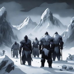 A group of warriors stands in the snowy mountains, with darkness looming over the scene