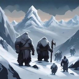 A group of warriors stands in the snowy mountains, with darkness looming over the scene