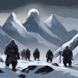 A group of warriors stands in the snowy mountains, with darkness looming over the scene