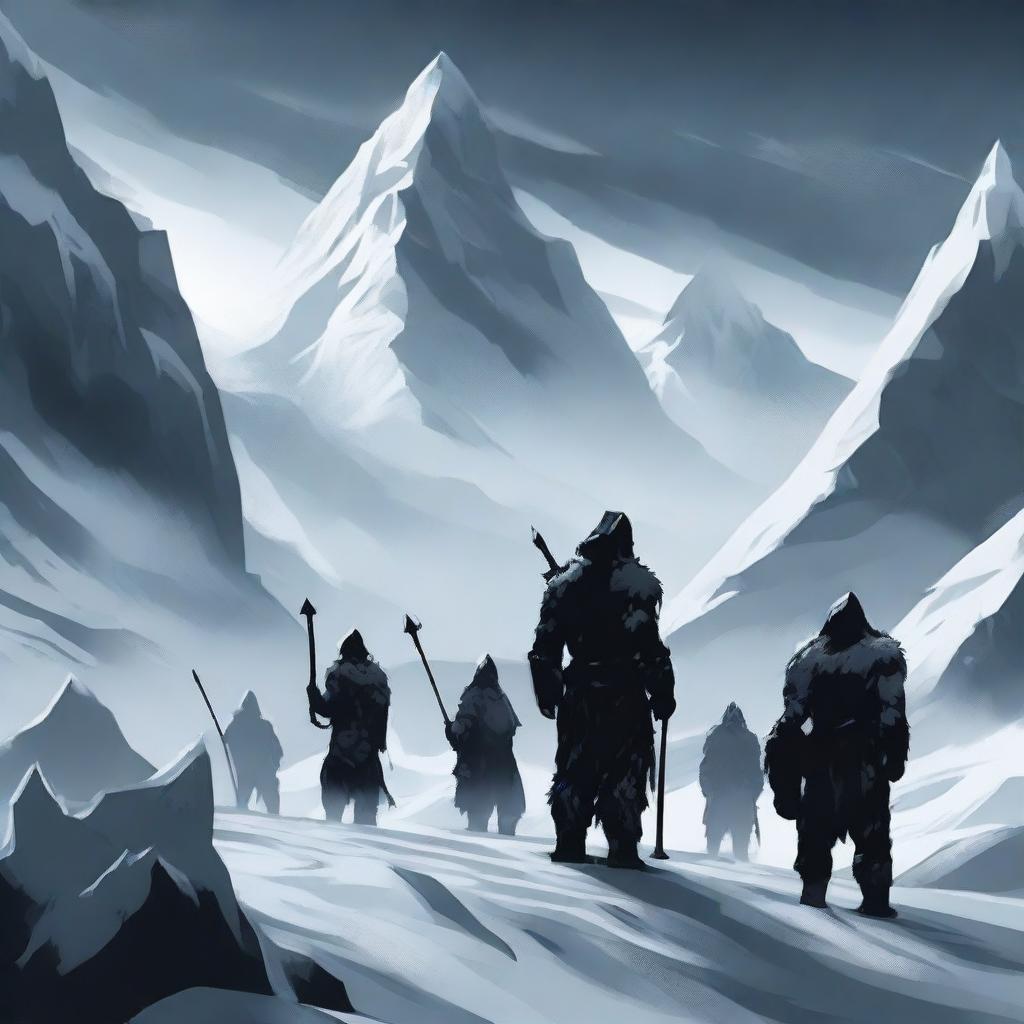 A group of warriors stands in the snowy mountains, with darkness looming over the scene