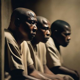 A group of prison convicts sitting together in a dimly lit prison cell, their faces showing deep sorrow and tears streaming down their cheeks