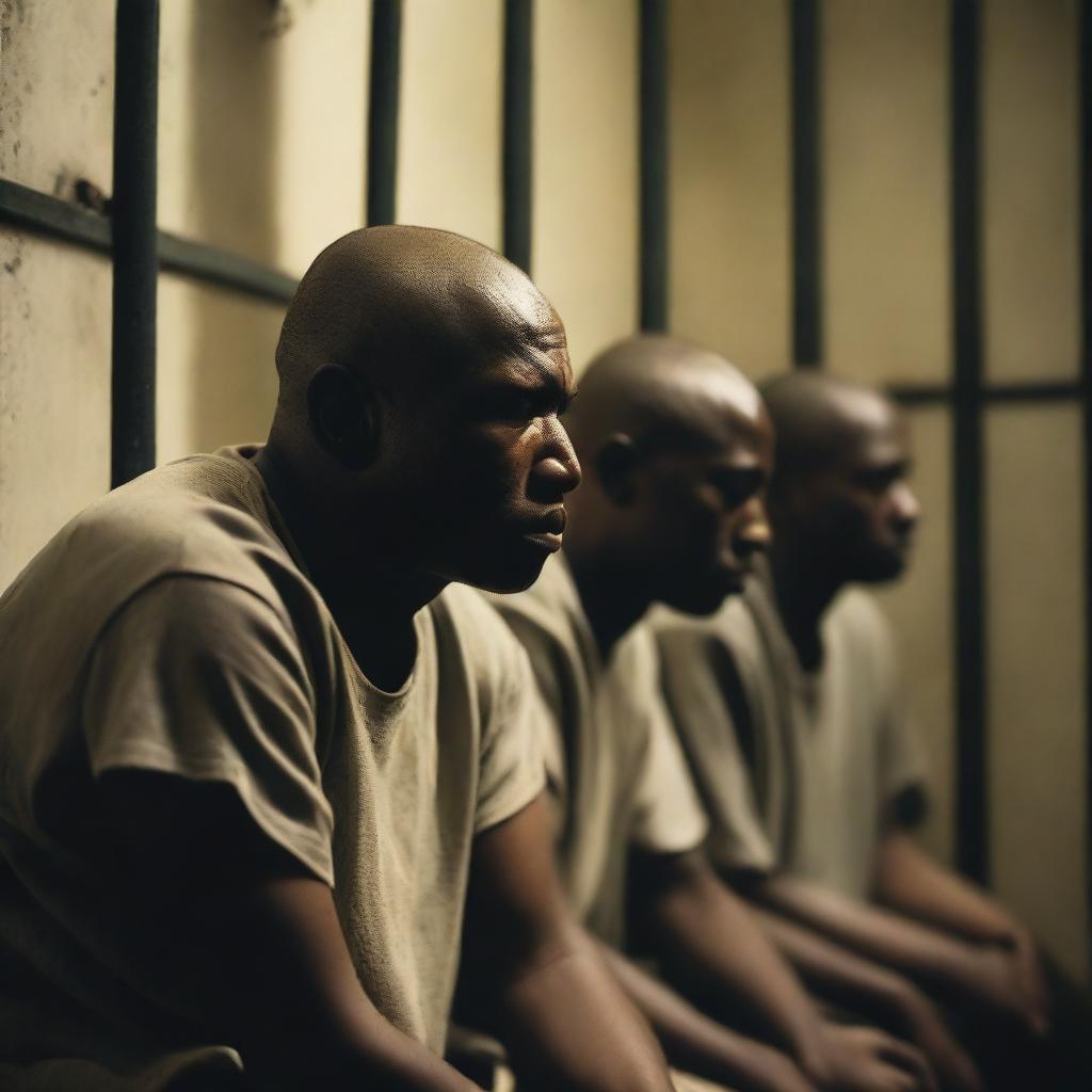 A group of prison convicts sitting together in a dimly lit prison cell, their faces showing deep sorrow and tears streaming down their cheeks