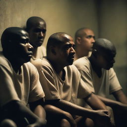 A group of prison convicts sitting together in a dimly lit prison cell, their faces showing deep sorrow and tears streaming down their cheeks