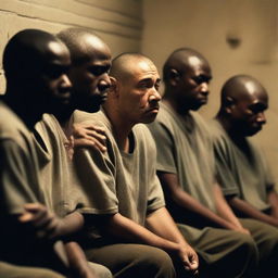 A group of prison convicts sitting together in a dimly lit prison cell, their faces showing deep sorrow and tears streaming down their cheeks