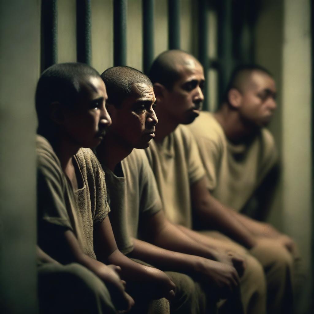 A group of prison convicts sitting together in a dimly lit prison cell, their faces showing deep sorrow and tears streaming down their cheeks