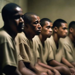 A group of prison convicts sitting together in a dimly lit prison cell, their faces showing deep sorrow and tears streaming down their cheeks