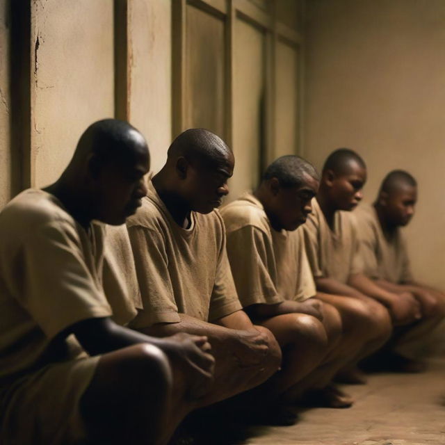 A group of prison convicts sitting together in a dimly lit prison cell, their faces showing deep sorrow and tears streaming down their cheeks