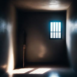 A dark prison cell with a small window