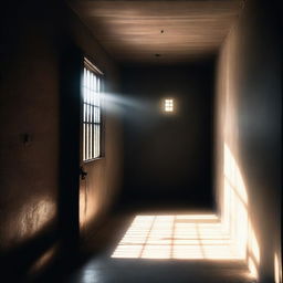 A dark prison cell with a small window