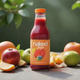 A chilled bottle of Naked Juice, surrounded by the fresh fruits from which it's made. The natural sunlight glimmers, highlighting the vibrant color of the beverage.