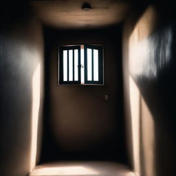 A dark prison cell with a small window