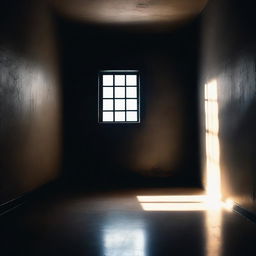 A dark prison cell with a small window