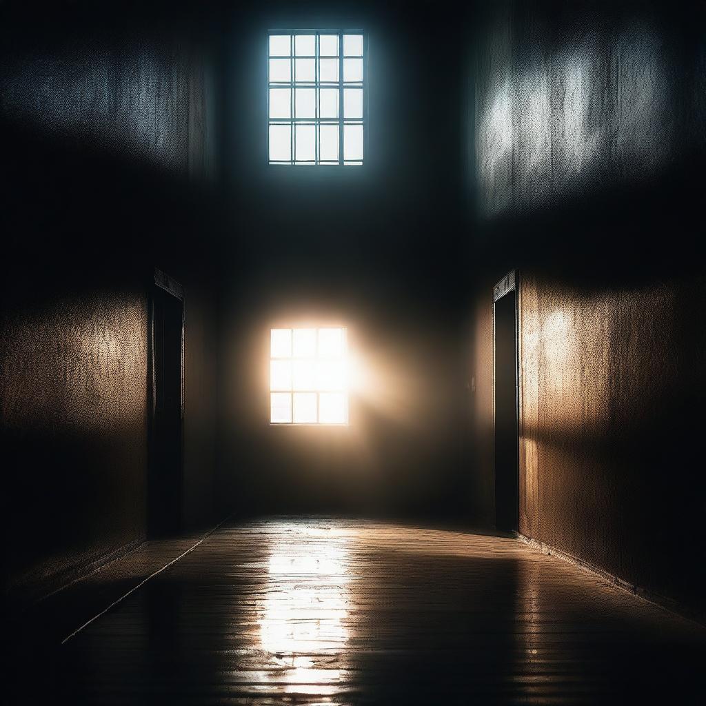 A dramatic scene showing a prison with a bright light shining at the exit, symbolizing hope and freedom