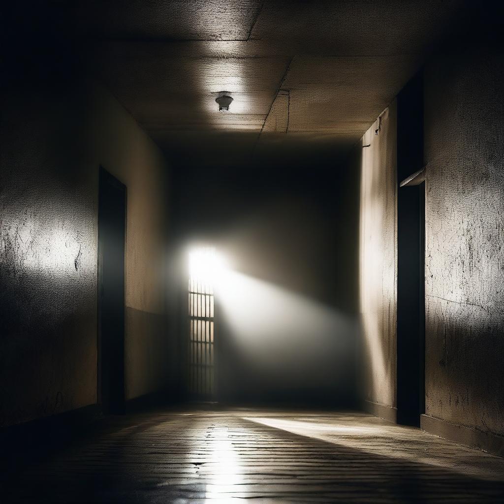 A dramatic scene showing a prison with a bright light shining at the exit, symbolizing hope and freedom