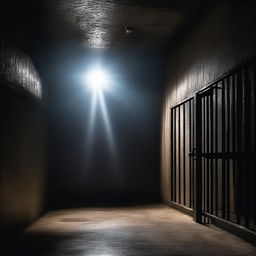 A dramatic scene showing a prison with a bright light shining at the exit, symbolizing hope and freedom