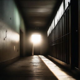 A dramatic scene showing a prison with a bright light shining at the exit, symbolizing hope and freedom