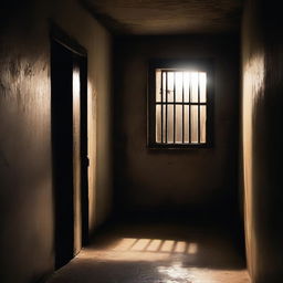 A dimly lit prison cell with a small window on the door