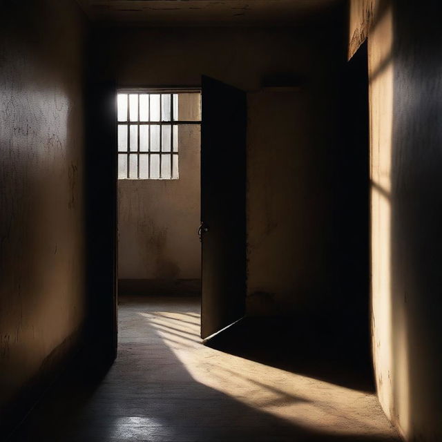 A dimly lit prison cell with a small window on the door