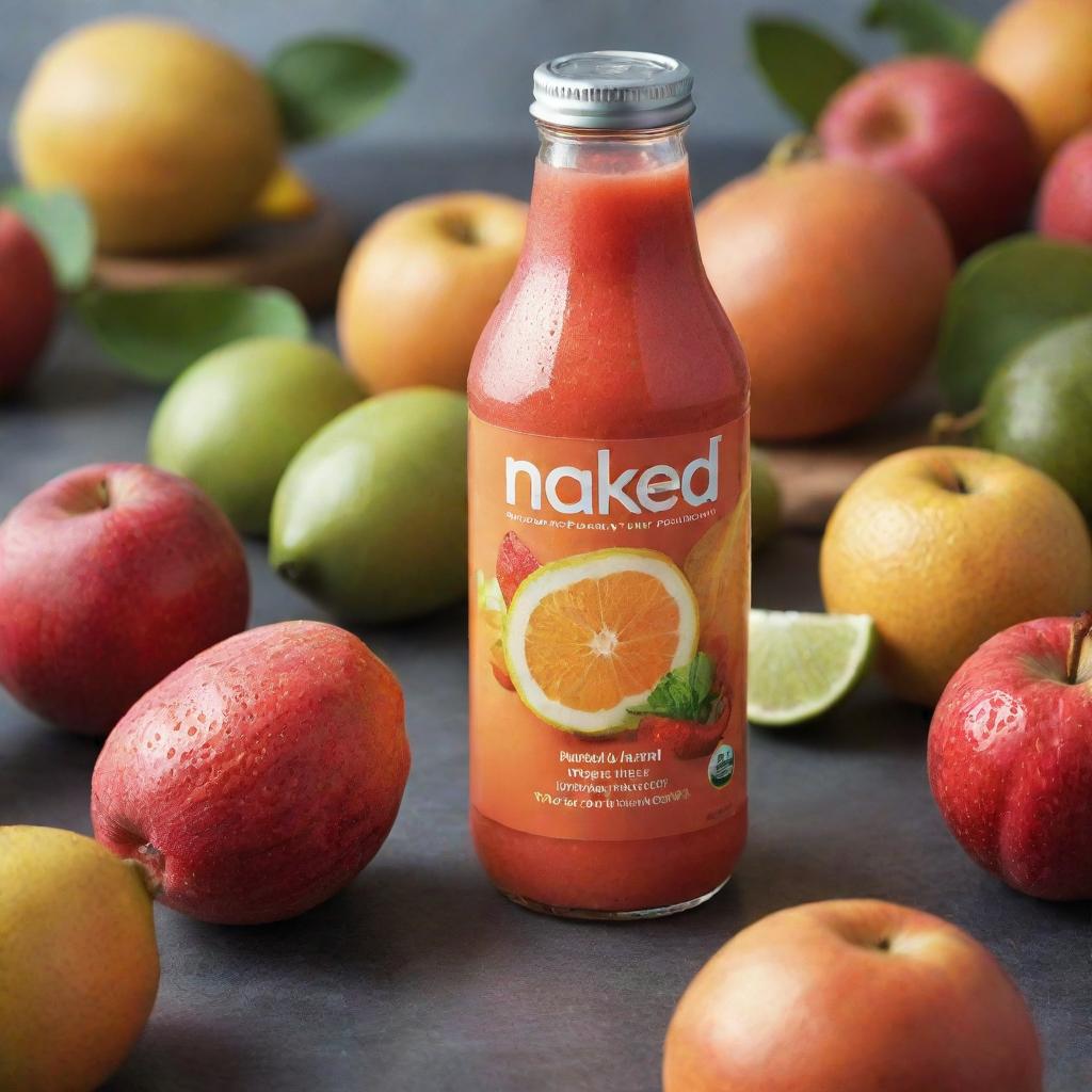 A chilled bottle of Naked Juice, surrounded by the fresh fruits from which it's made. The natural sunlight glimmers, highlighting the vibrant color of the beverage.