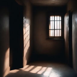 A dimly lit prison cell with a small window on the door