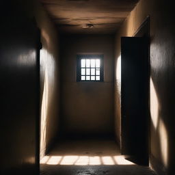 A dimly lit prison cell with a small window on the door