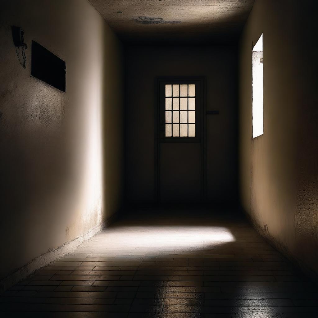 A dimly lit prison cell with a narrow window casting a beam of light onto the floor