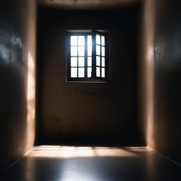 A dimly lit prison cell with a narrow window casting a beam of light onto the floor