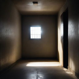 A dimly lit prison cell with a narrow window casting a beam of light onto the floor