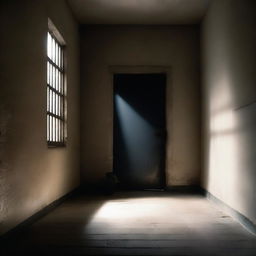 A dimly lit prison cell with a narrow window casting a beam of light onto the floor