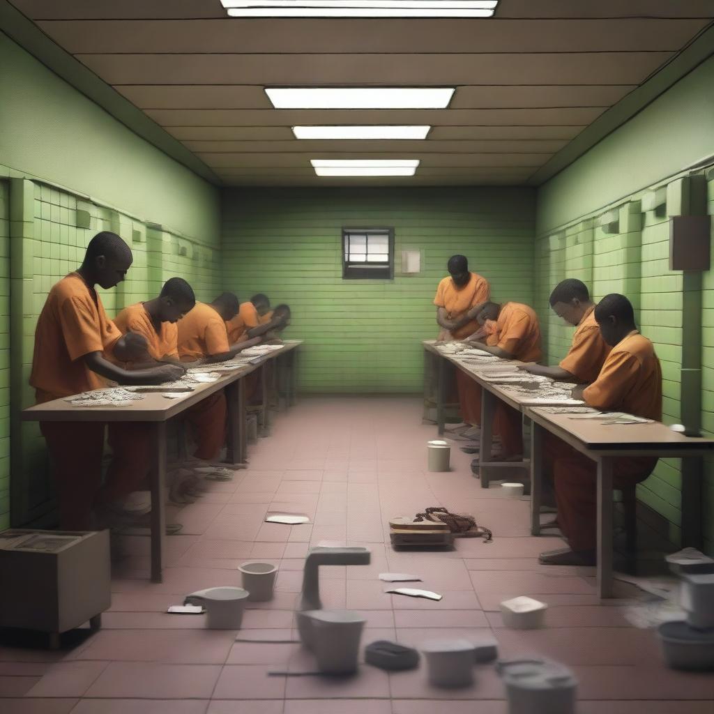 A detailed scene of a prison interior where inmates are working