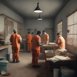 A detailed scene of a prison interior where inmates are working