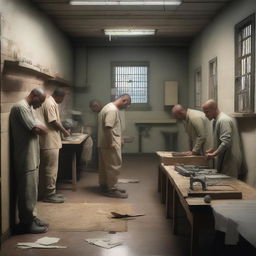 A detailed scene of a prison interior where inmates are working