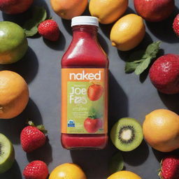 A chilled bottle of Naked Juice, surrounded by the fresh fruits from which it's made. The natural sunlight glimmers, highlighting the vibrant color of the beverage.