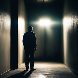 A prisoner standing at the exit of a dark prison, seeing the bright light of freedom outside