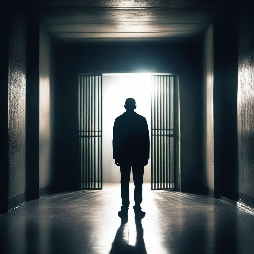 A prisoner standing at the exit of a dark prison, seeing the bright light of freedom outside