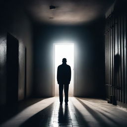 A prisoner standing at the exit of a dark prison, seeing the bright light of freedom outside