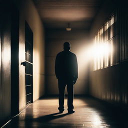 A prisoner standing at the exit of a dark prison, seeing the bright light of freedom outside